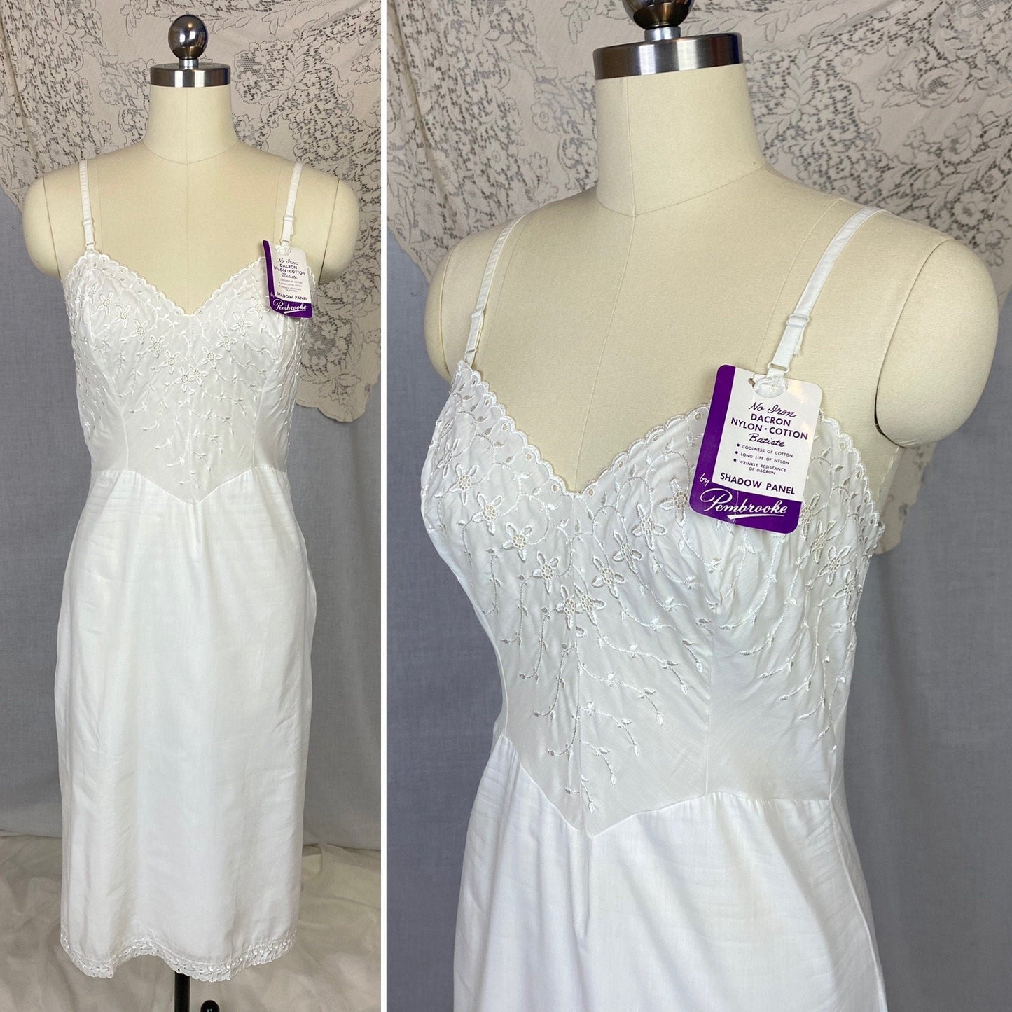 Vintage 1950's Slip | Soft White Nylon Cotton Batiste with Embroidery | Size 34-36 Bust, S/M | Pembrook, New with Tags - Daggers & Dames