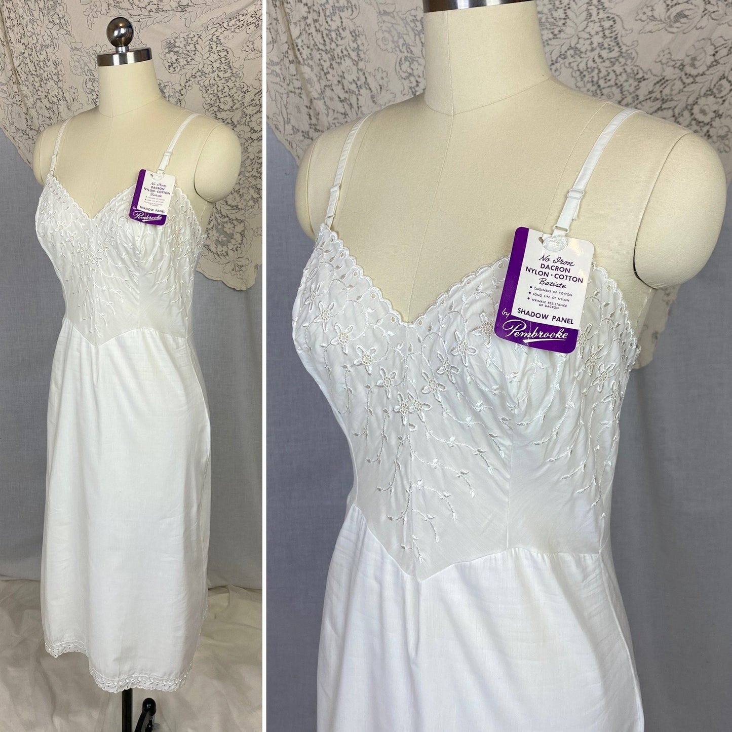 Vintage 1950's Slip | Soft White Nylon Cotton Batiste with Embroidery | Size 34-36 Bust, S/M | Pembrook, New with Tags - Daggers & Dames