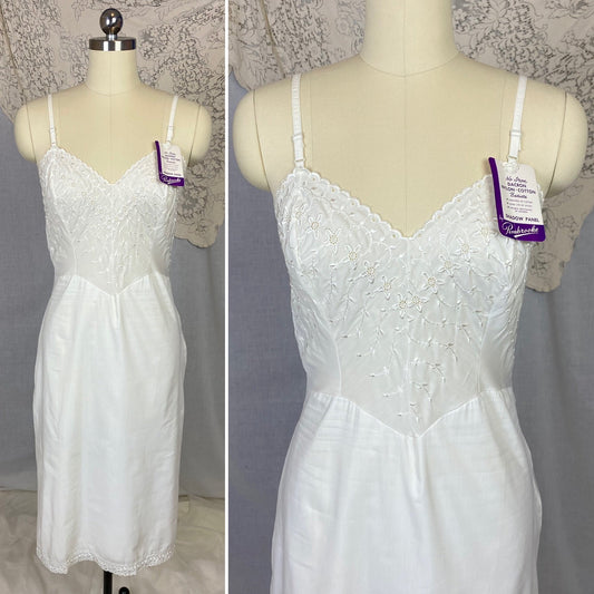 Vintage 1950's Slip | Soft White Nylon Cotton Batiste with Embroidery | Size 34-36 Bust, S/M | Pembrook, New with Tags - Daggers & Dames