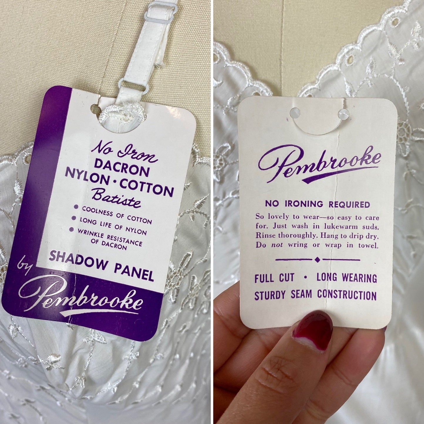 Vintage 1950's Slip | Soft White Nylon Cotton Batiste with Embroidery | Size 34-36 Bust, S/M | Pembrook, New with Tags - Daggers & Dames