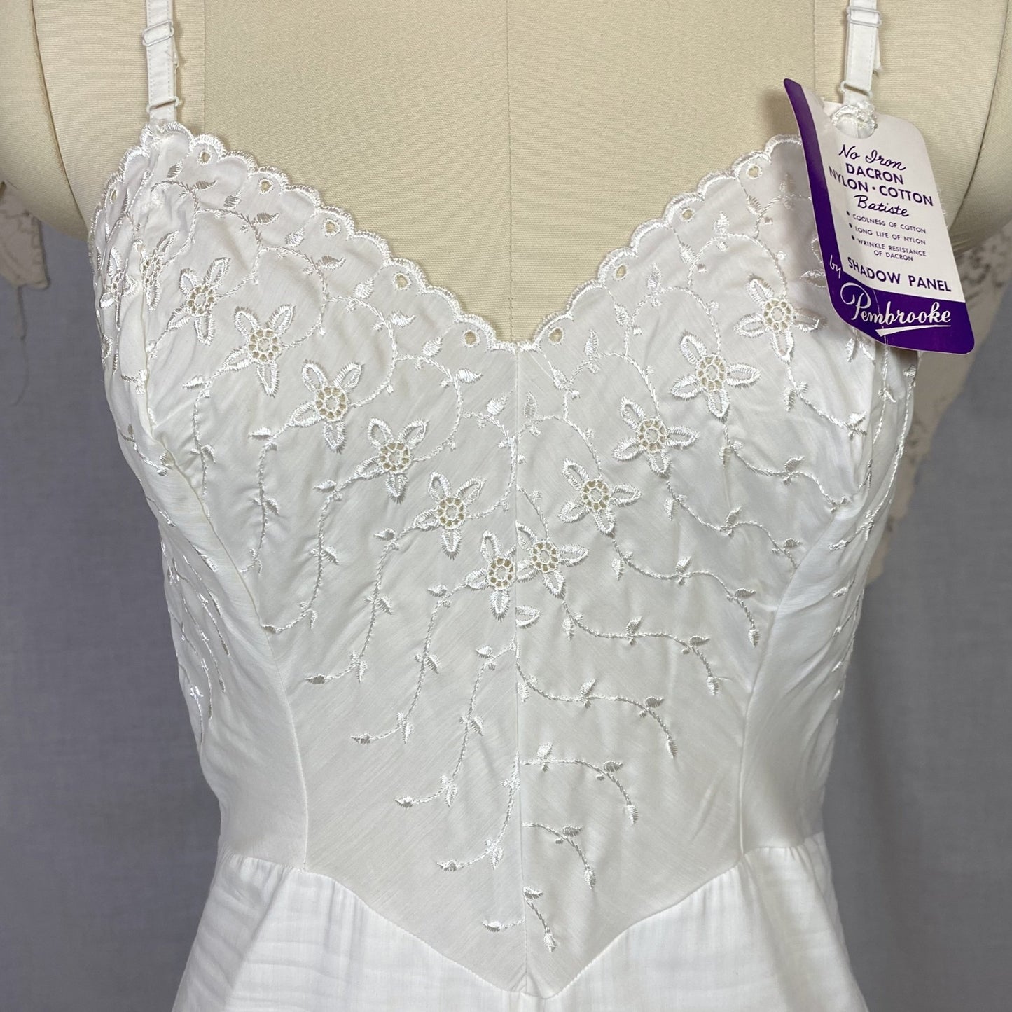 Vintage 1950's Slip | Soft White Nylon Cotton Batiste with Embroidery | Size 34-36 Bust, S/M | Pembrook, New with Tags - Daggers & Dames