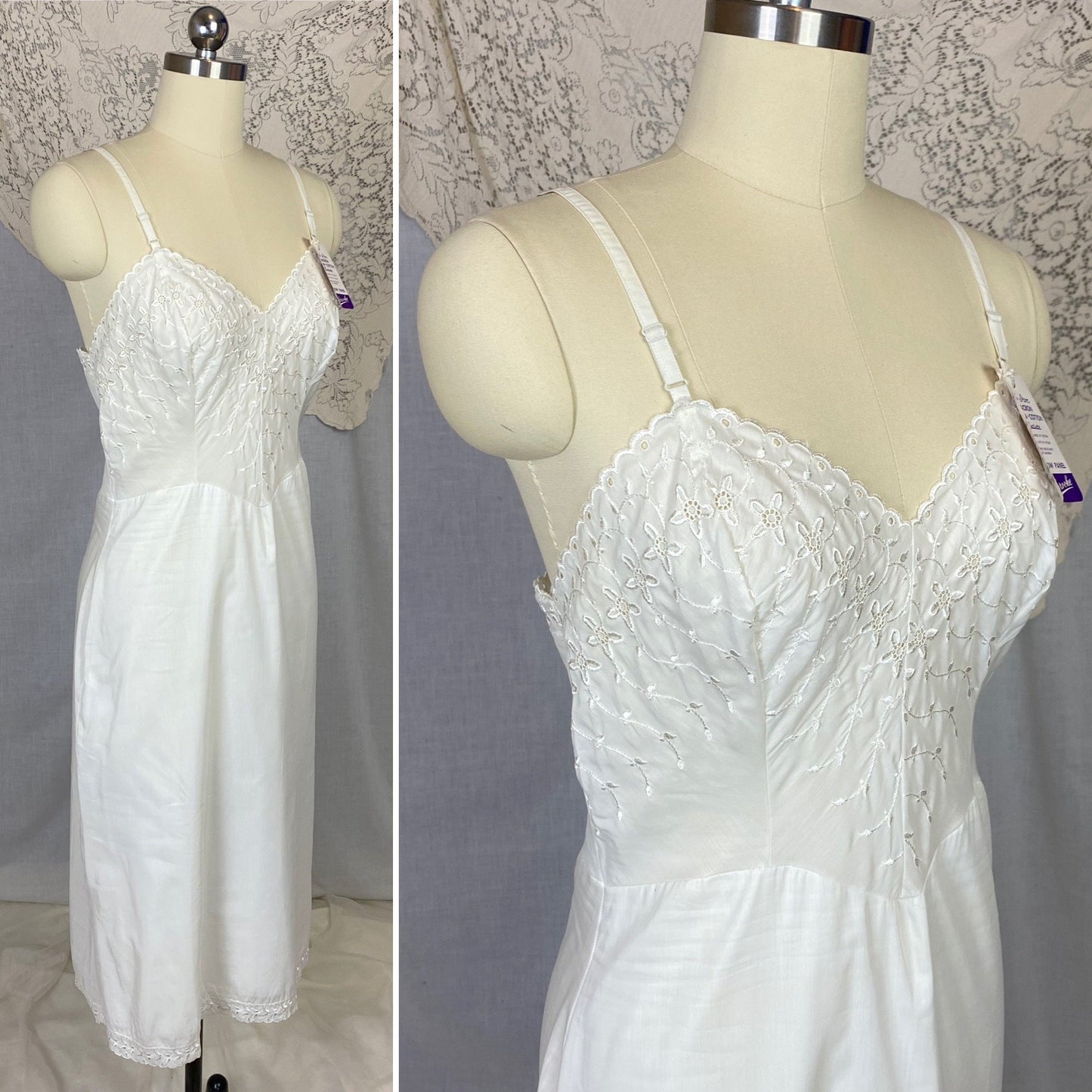 Vintage 1950's Slip | Soft White Nylon Cotton Batiste with Embroidery | Size 34-36 Bust, S/M | Pembrook, New with Tags - Daggers & Dames