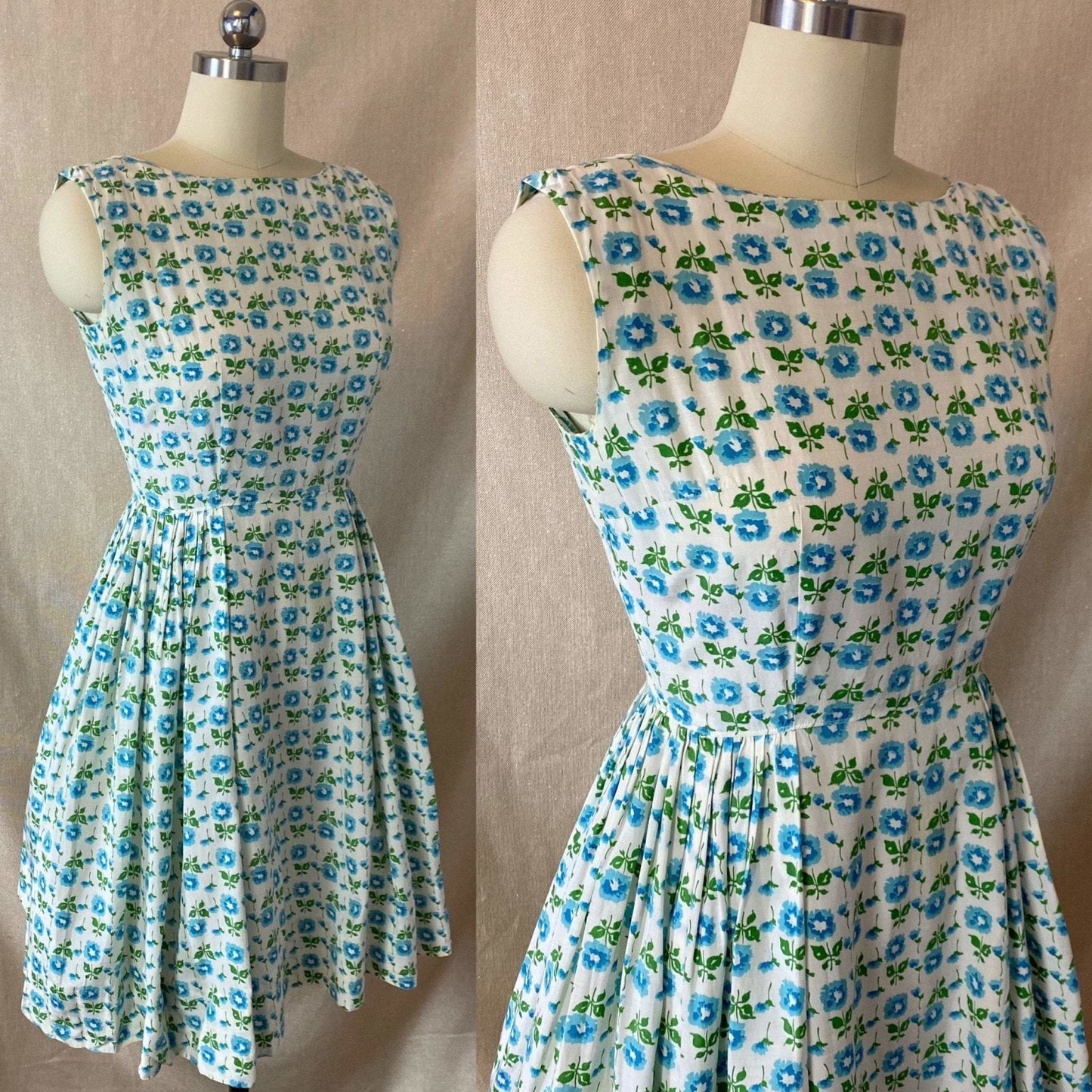 Vintage 1950's Sun Dress | White Rayon Cotton Blend with Blue Floral Print & Full Skirt | Size 34 Bust, XS - Daggers & Dames