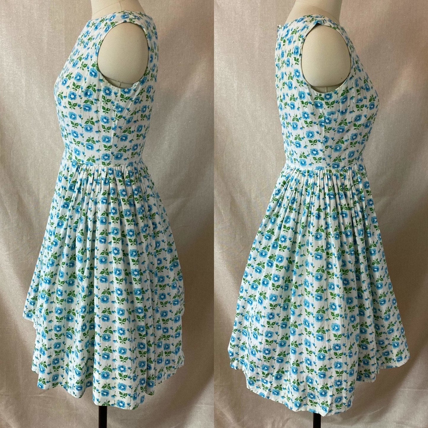 Vintage 1950's Sun Dress | White Rayon Cotton Blend with Blue Floral Print & Full Skirt | Size 34 Bust, XS - Daggers & Dames