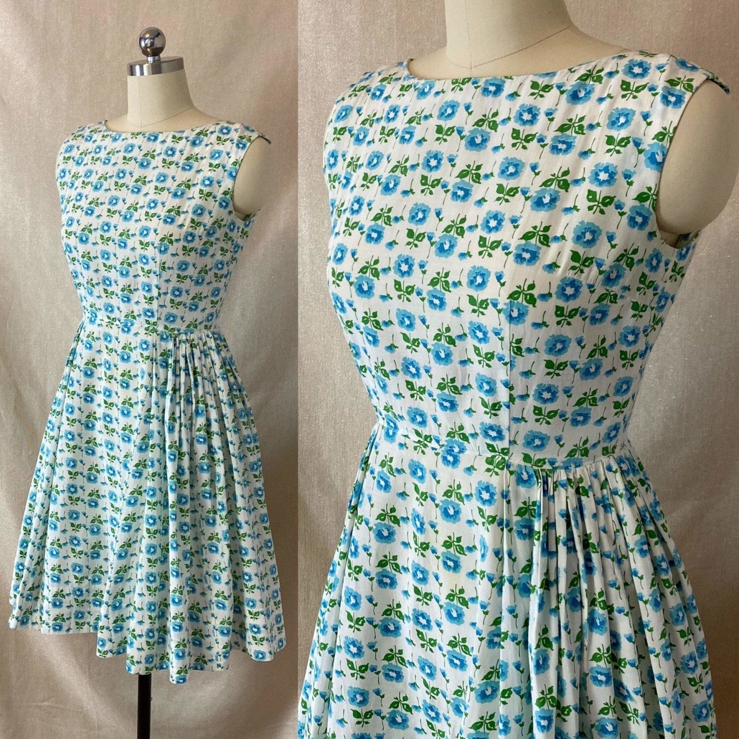Vintage 1950's Sun Dress | White Rayon Cotton Blend with Blue Floral Print & Full Skirt | Size 34 Bust, XS - Daggers & Dames