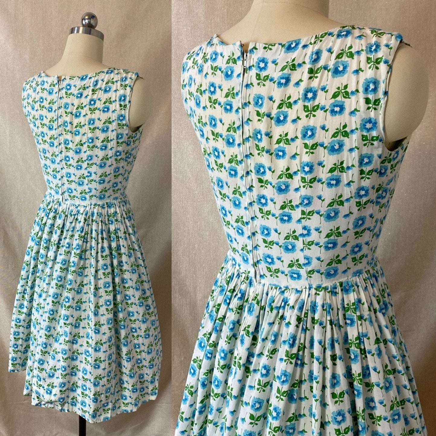Vintage 1950's Sun Dress | White Rayon Cotton Blend with Blue Floral Print & Full Skirt | Size 34 Bust, XS - Daggers & Dames