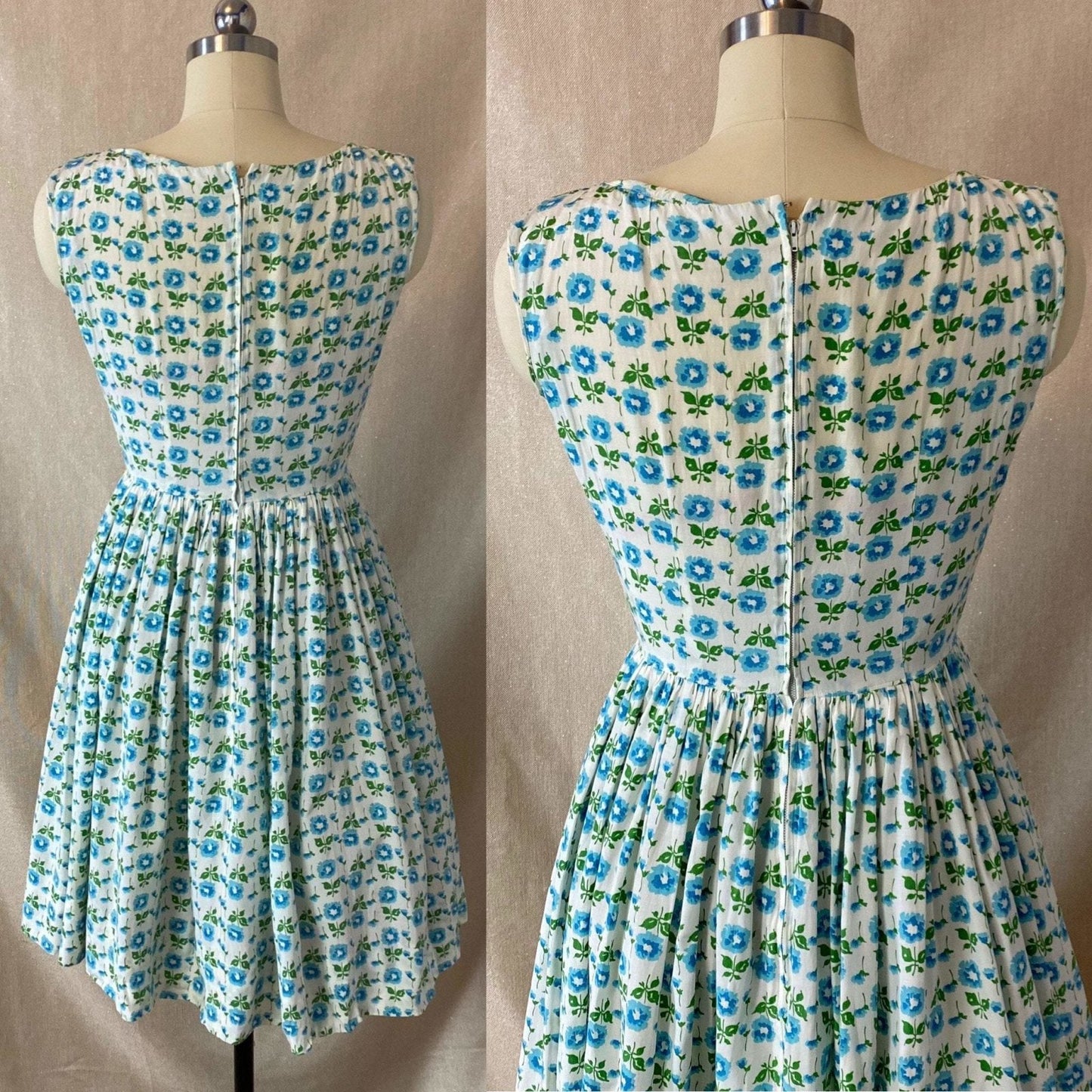 Vintage 1950's Sun Dress | White Rayon Cotton Blend with Blue Floral Print & Full Skirt | Size 34 Bust, XS - Daggers & Dames