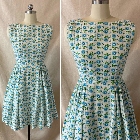 Vintage 1950's Sun Dress | White Rayon Cotton Blend with Blue Floral Print & Full Skirt | Size 34 Bust, XS - Daggers & Dames