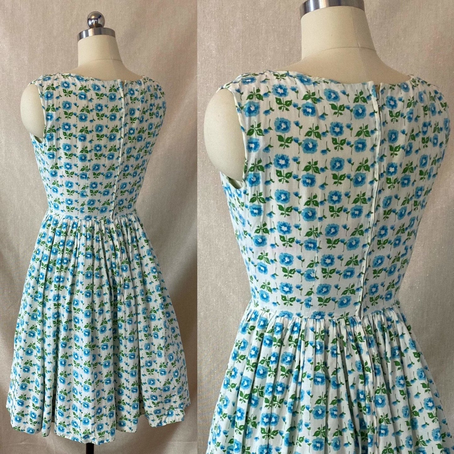 Vintage 1950's Sun Dress | White Rayon Cotton Blend with Blue Floral Print & Full Skirt | Size 34 Bust, XS - Daggers & Dames
