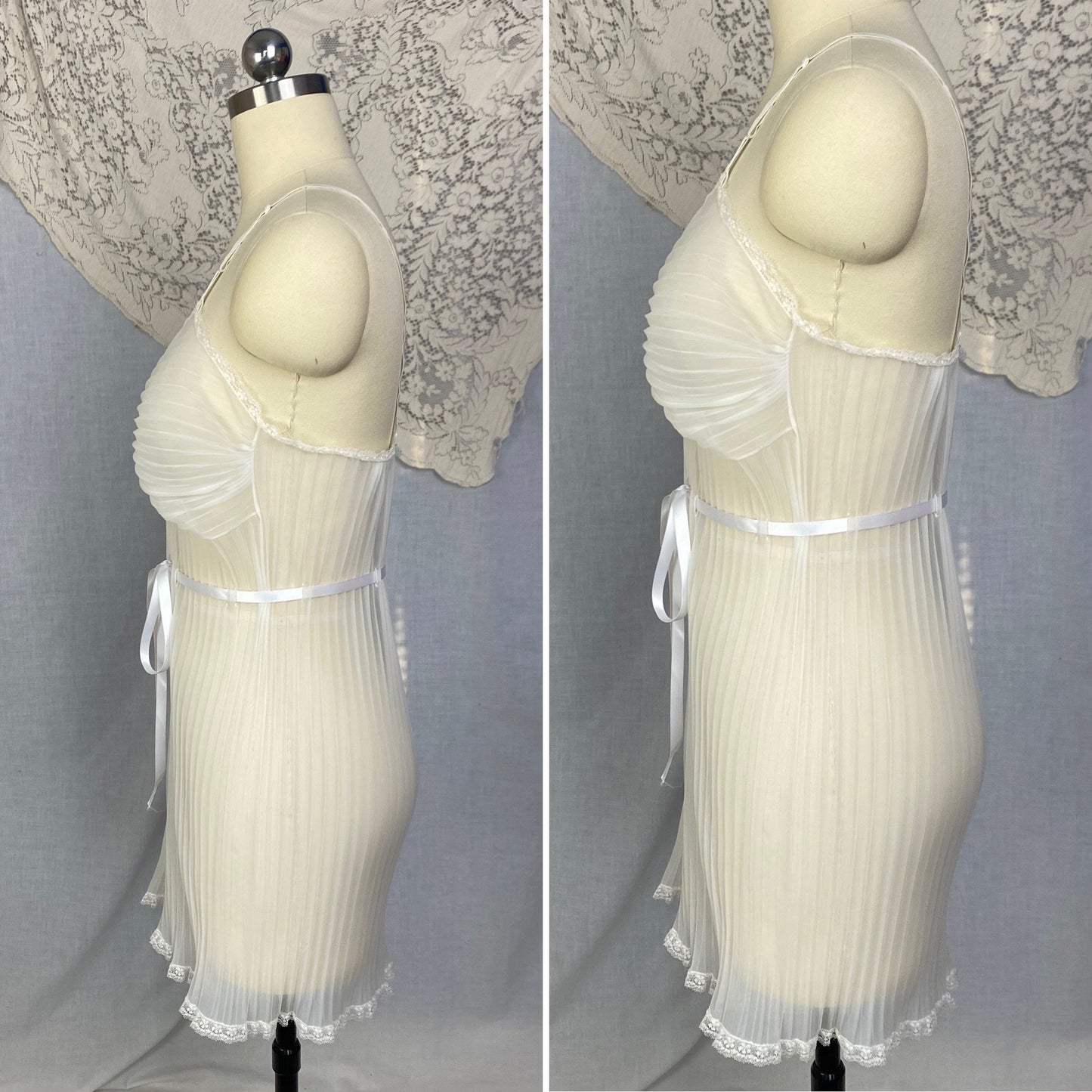 Vintage 1950's Teddy | Sheer White Crystal Pleated Nylon Chiffon with Lace & Satin Ribbon Tie | Size S, M | Vanity Fair - Daggers & Dames