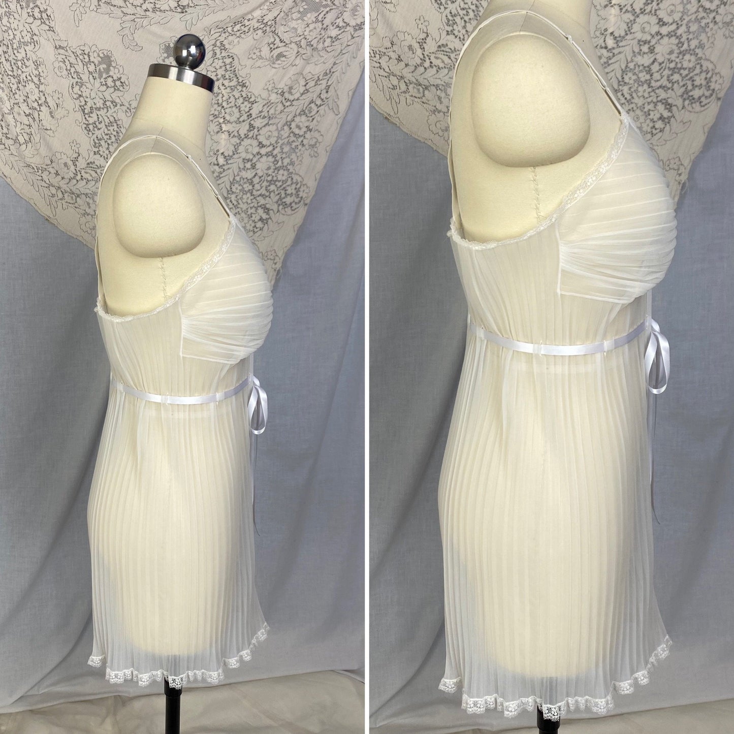 Vintage 1950's Teddy | Sheer White Crystal Pleated Nylon Chiffon with Lace & Satin Ribbon Tie | Size S, M | Vanity Fair - Daggers & Dames