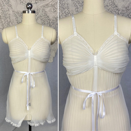 Vintage 1950's Teddy | Sheer White Crystal Pleated Nylon Chiffon with Lace & Satin Ribbon Tie | Size S, M | Vanity Fair - Daggers & Dames