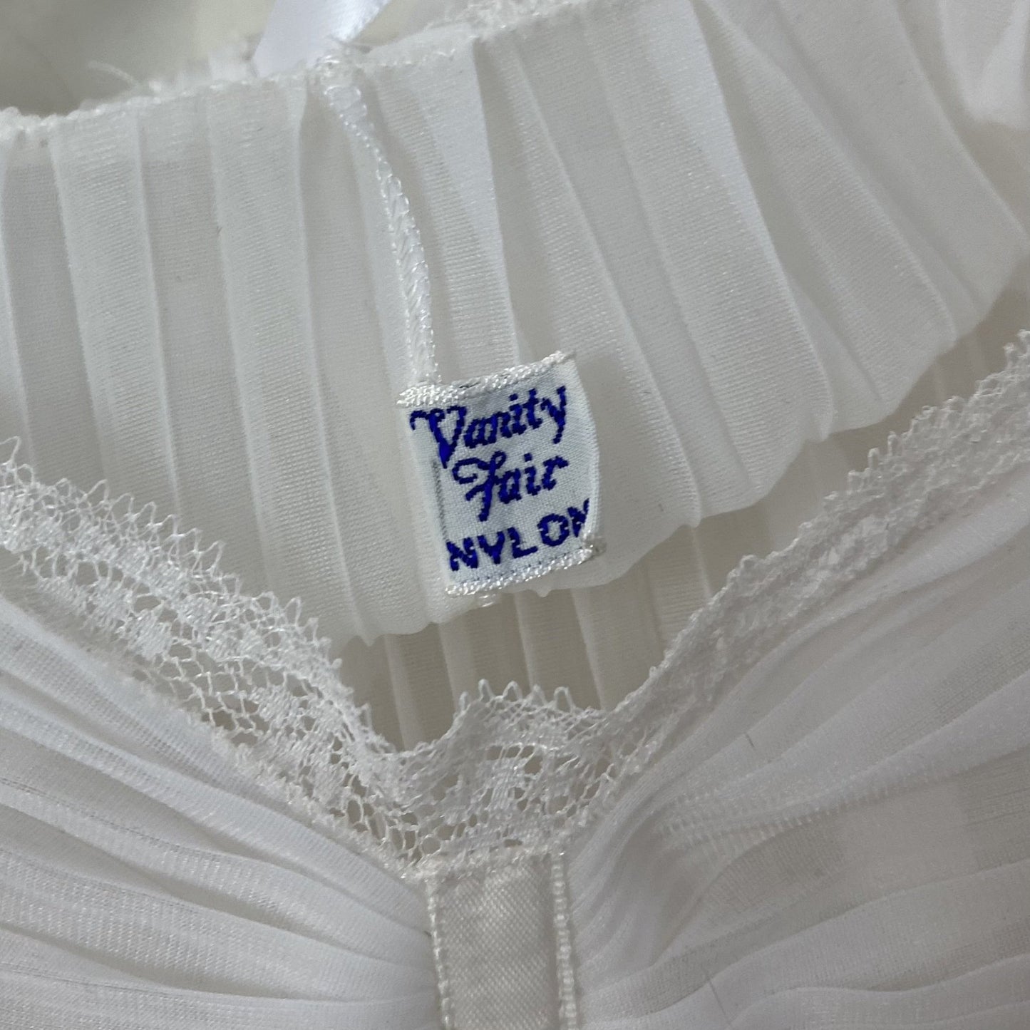 Vintage 1950's Teddy | Sheer White Crystal Pleated Nylon Chiffon with Lace & Satin Ribbon Tie | Size S, M | Vanity Fair - Daggers & Dames