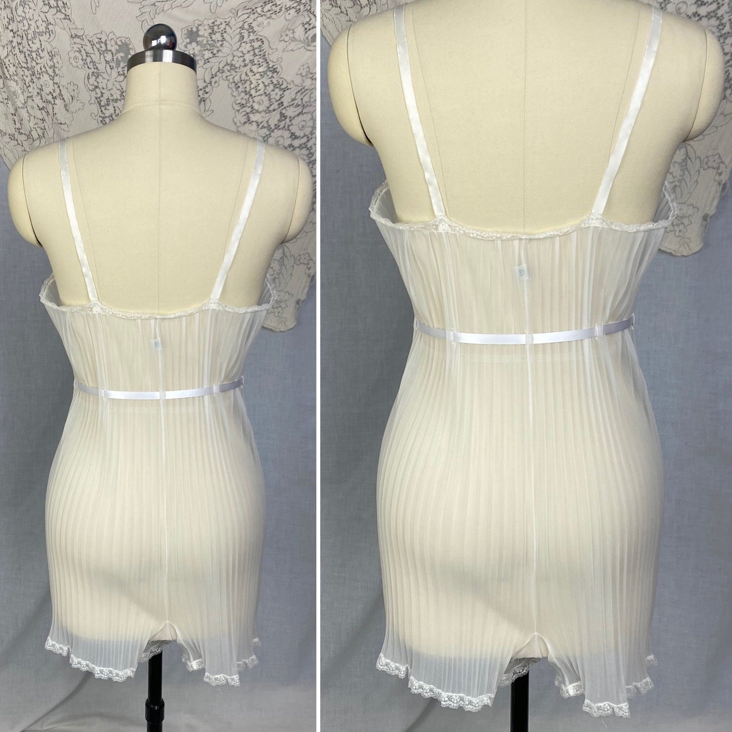 Vintage 1950's Teddy | Sheer White Crystal Pleated Nylon Chiffon with Lace & Satin Ribbon Tie | Size S, M | Vanity Fair - Daggers & Dames