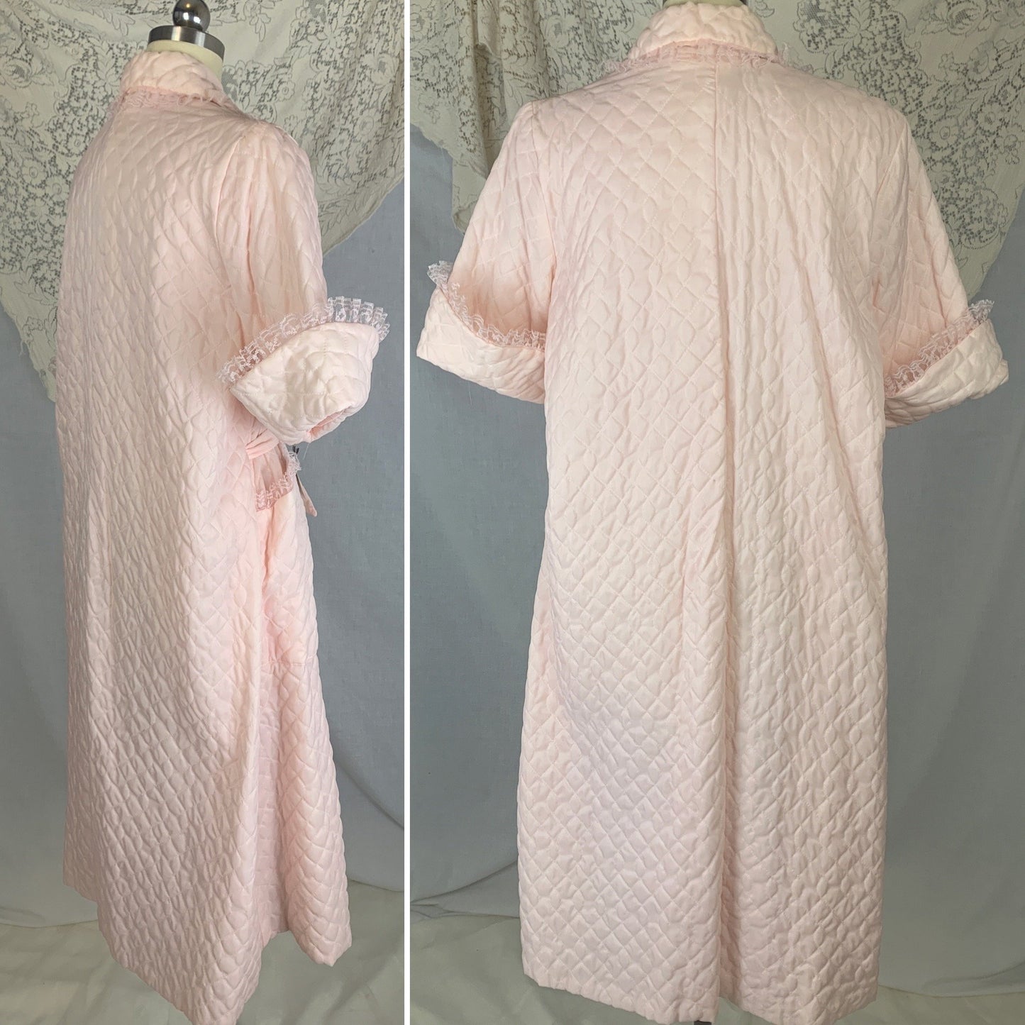 Vintage 1950's Tent Robe | Light Pink Quilted Nylon with Lace | Size Free | Cadillac - New with Tag - Daggers & Dames