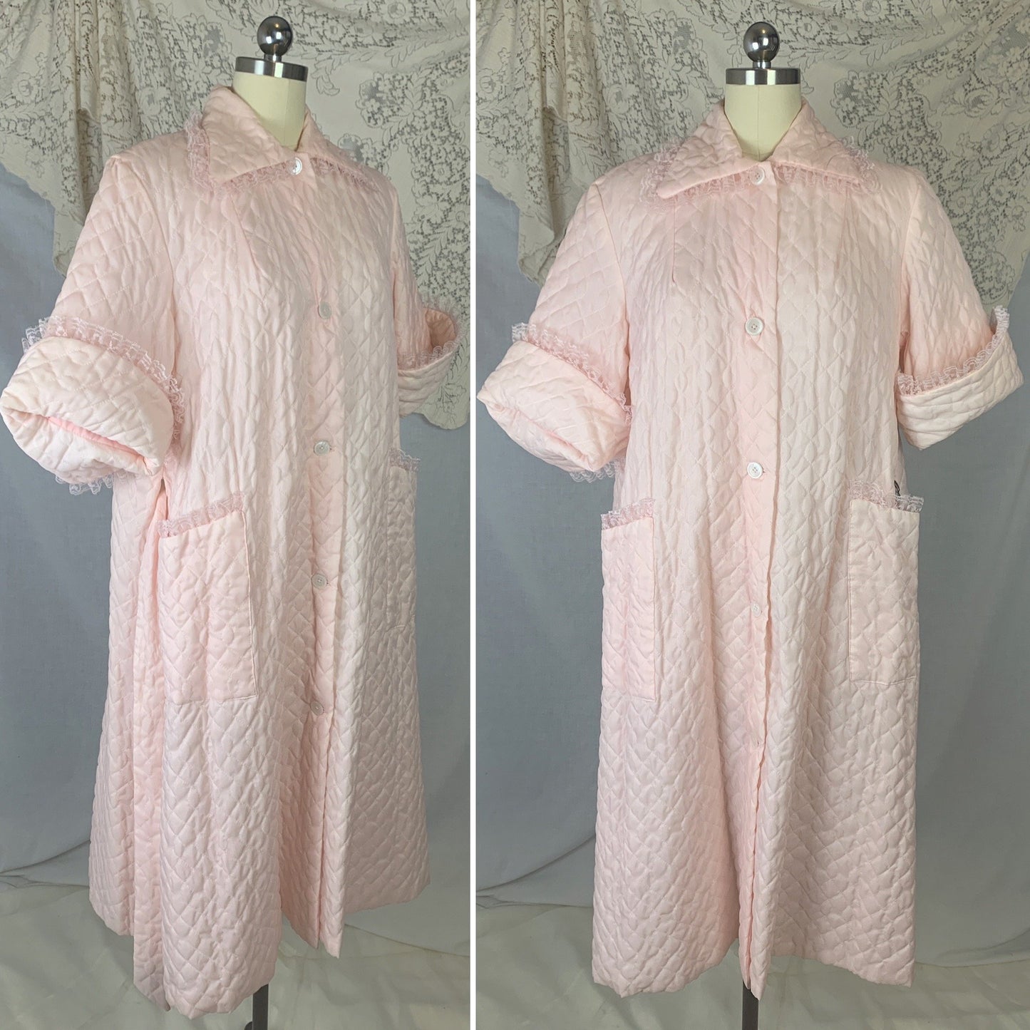 Vintage 1950's Tent Robe | Light Pink Quilted Nylon with Lace | Size Free | Cadillac - New with Tag - Daggers & Dames