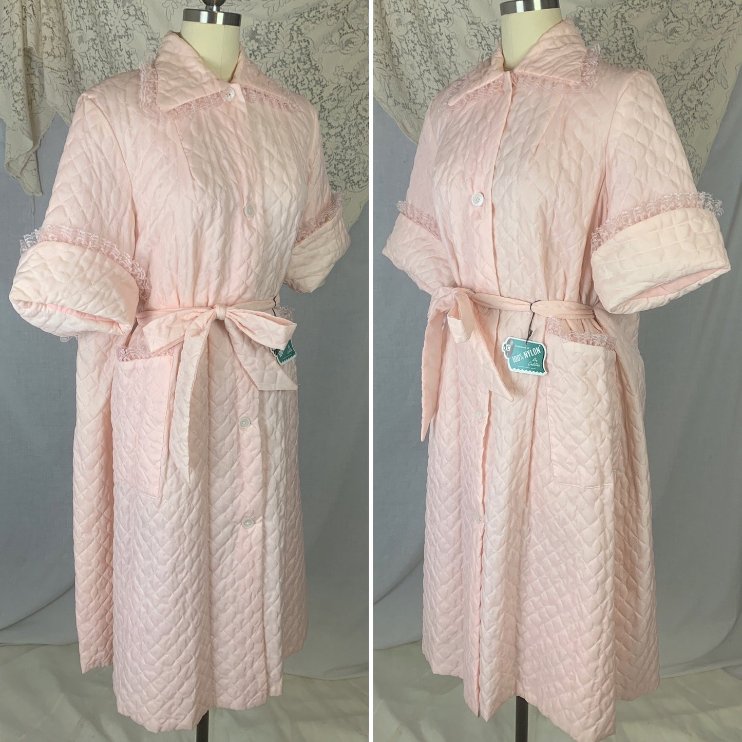 Vintage 1950's Tent Robe | Light Pink Quilted Nylon with Lace | Size Free | Cadillac - New with Tag - Daggers & Dames