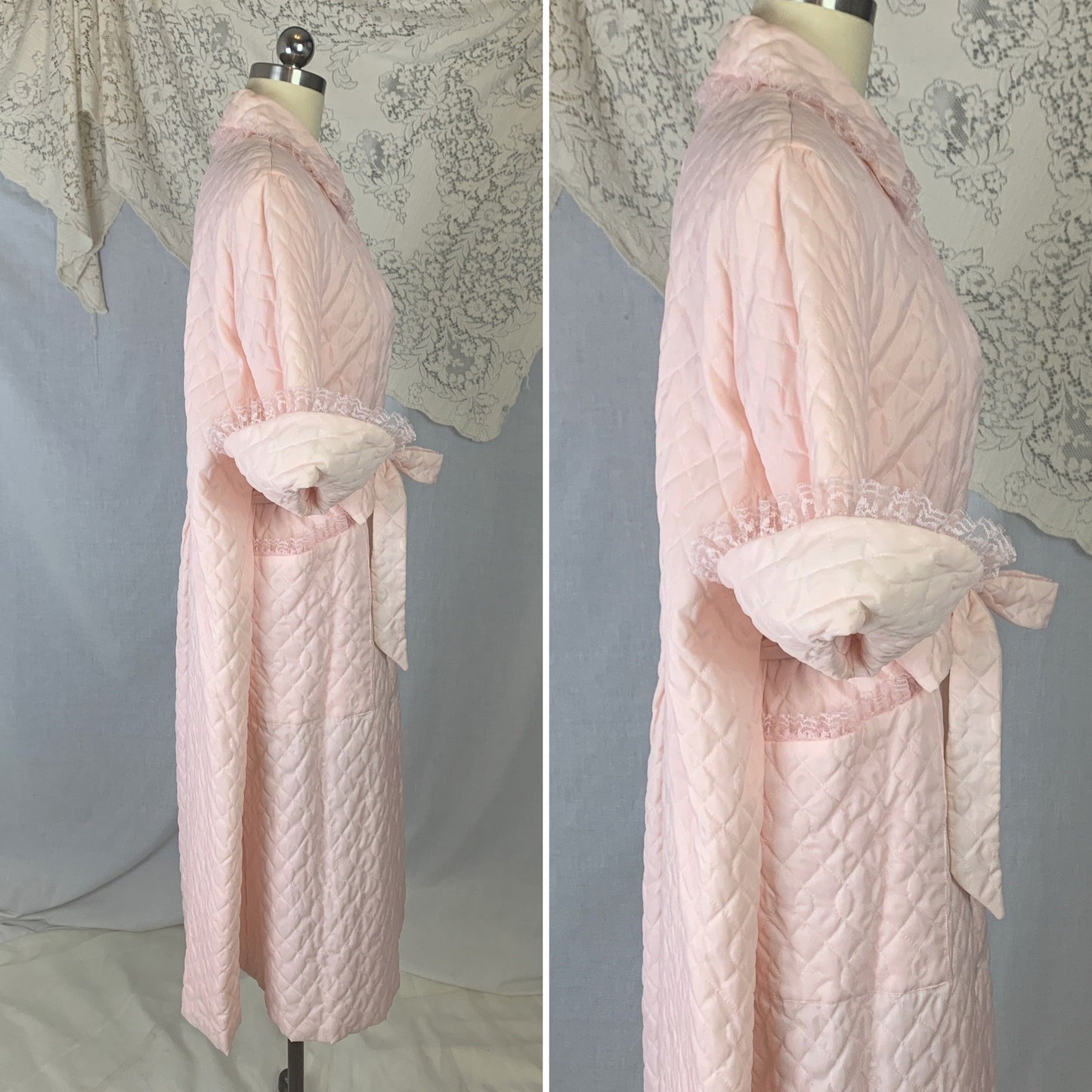 Vintage 1950's Tent Robe | Light Pink Quilted Nylon with Lace | Size Free | Cadillac - New with Tag - Daggers & Dames