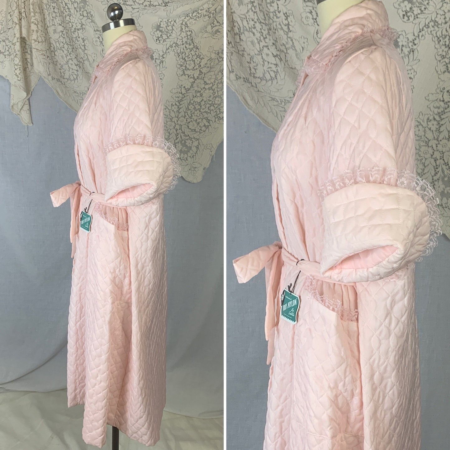 Vintage 1950's Tent Robe | Light Pink Quilted Nylon with Lace | Size Free | Cadillac - New with Tag - Daggers & Dames