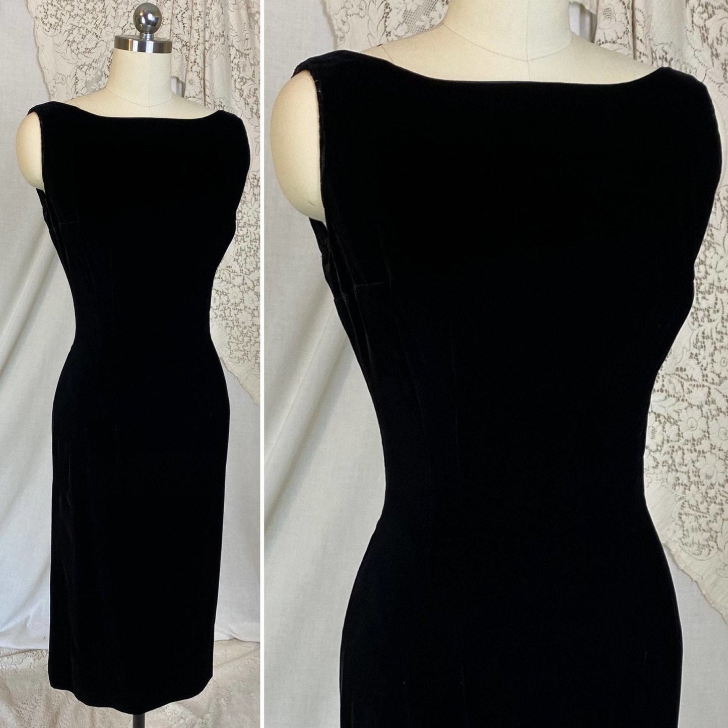 Vintage 1950's Wiggle Dress | Plush Black Velvet with Boatneck & Ribbon Bow | Size XS, S | Parklane Debs - Daggers & Dames