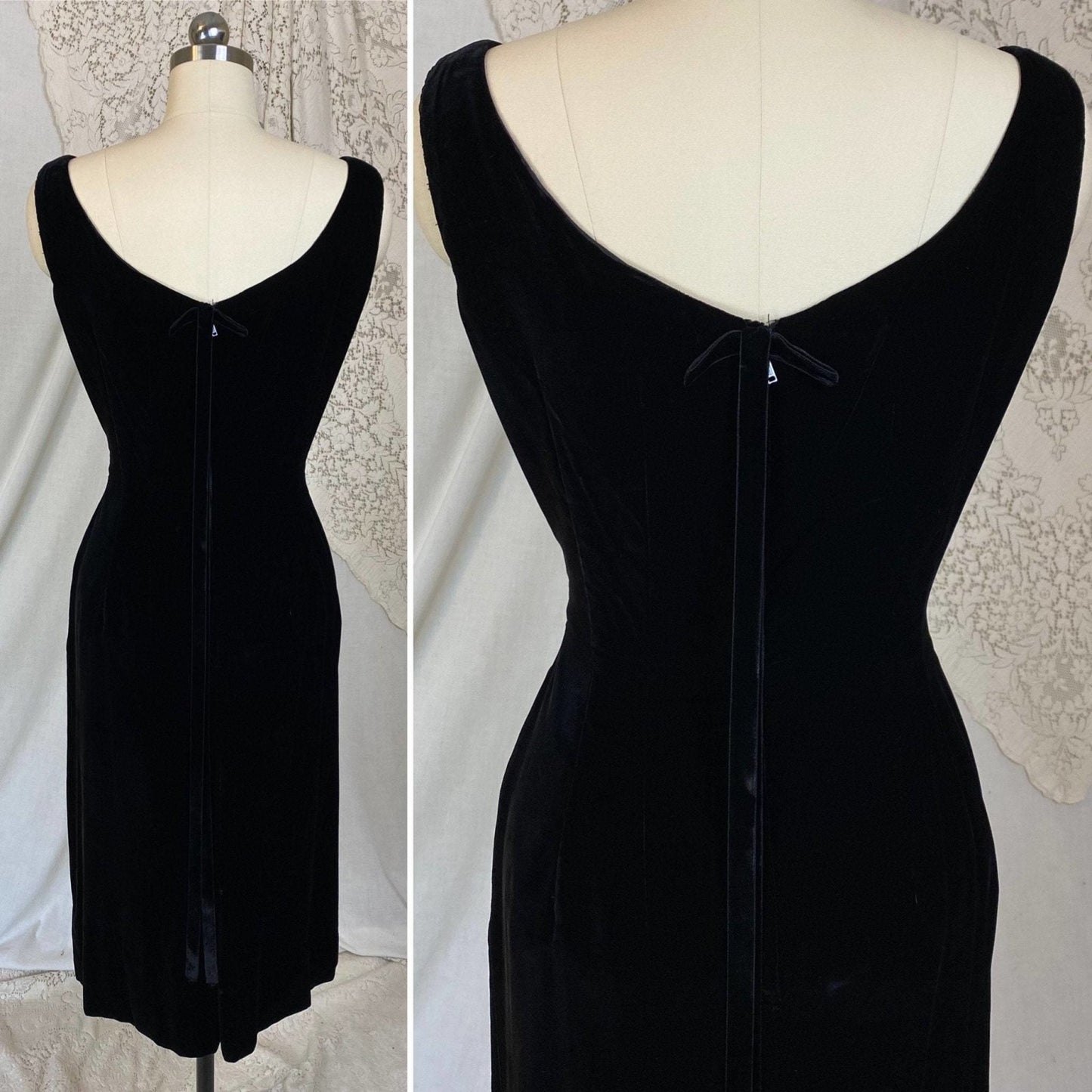 Vintage 1950's Wiggle Dress | Plush Black Velvet with Boatneck & Ribbon Bow | Size XS, S | Parklane Debs - Daggers & Dames