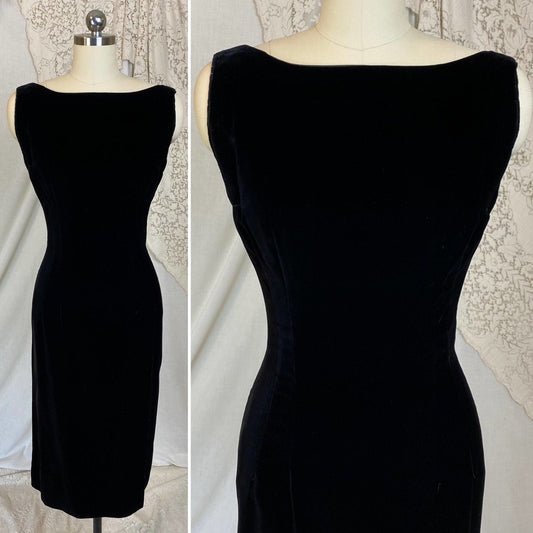 Vintage 1950's Wiggle Dress | Plush Black Velvet with Boatneck & Ribbon Bow | Size XS, S | Parklane Debs - Daggers & Dames