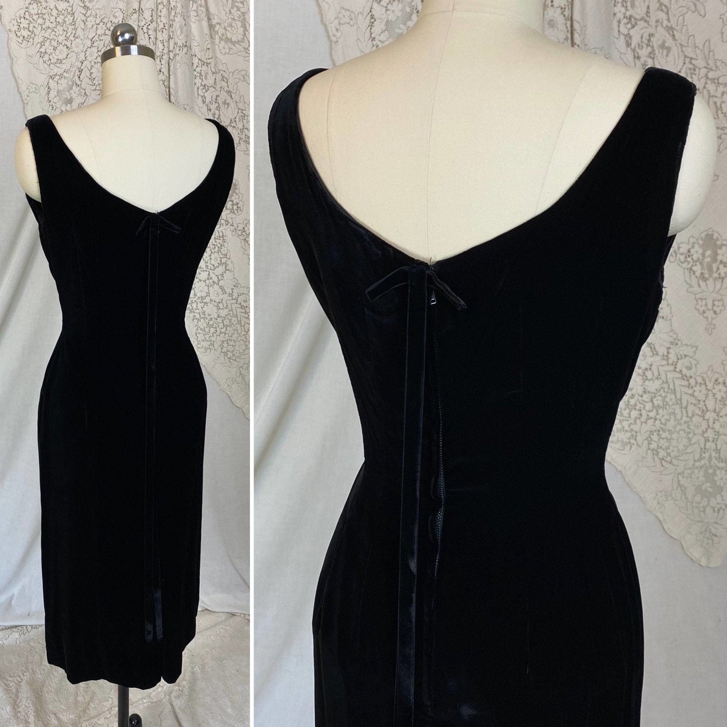 Vintage 1950's Wiggle Dress | Plush Black Velvet with Boatneck & Ribbon Bow | Size XS, S | Parklane Debs - Daggers & Dames