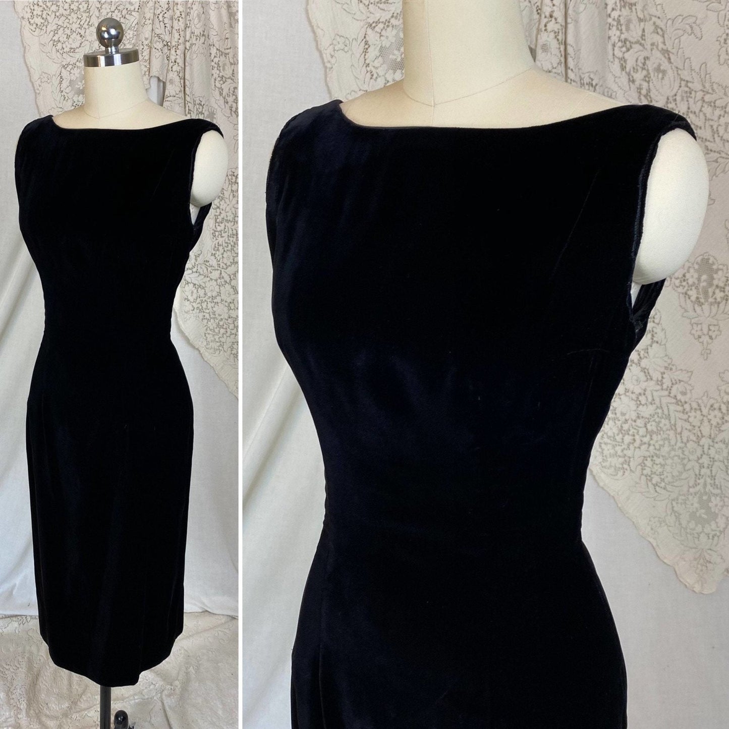 Vintage 1950's Wiggle Dress | Plush Black Velvet with Boatneck & Ribbon Bow | Size XS, S | Parklane Debs - Daggers & Dames