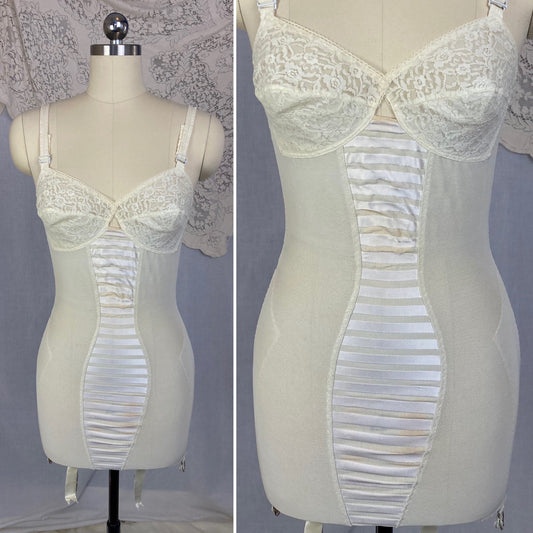 Vintage 1960's All in One Girdle | Creamy White Elastic Power Mesh & Lace with Rayon Satin Stripes | Size 34-36, S | Fashion Hour by Blair - Daggers & Dames