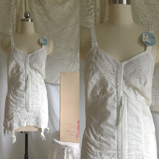 Vintage 1960's All in One Girdle | Crisp White Cotton with Lace Bullet Cups | Charmode Nu-Back, with Original Box | Size 0XL, 1XL, XXL - Daggers & Dames