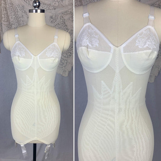 Vintage 1960's All in One Girdle | Pale Yellow & White Lycra Double Tulip Control with Bullet Cups | Size 34 B, S | Vanity Fair - Daggers & Dames