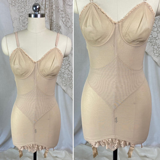 Vintage 1960's All in One Girdle | Warm Nude Power Mesh with Lace Ruffles & Bullet Cups | Size 34 C, 36 B | Warners| - Daggers & Dames