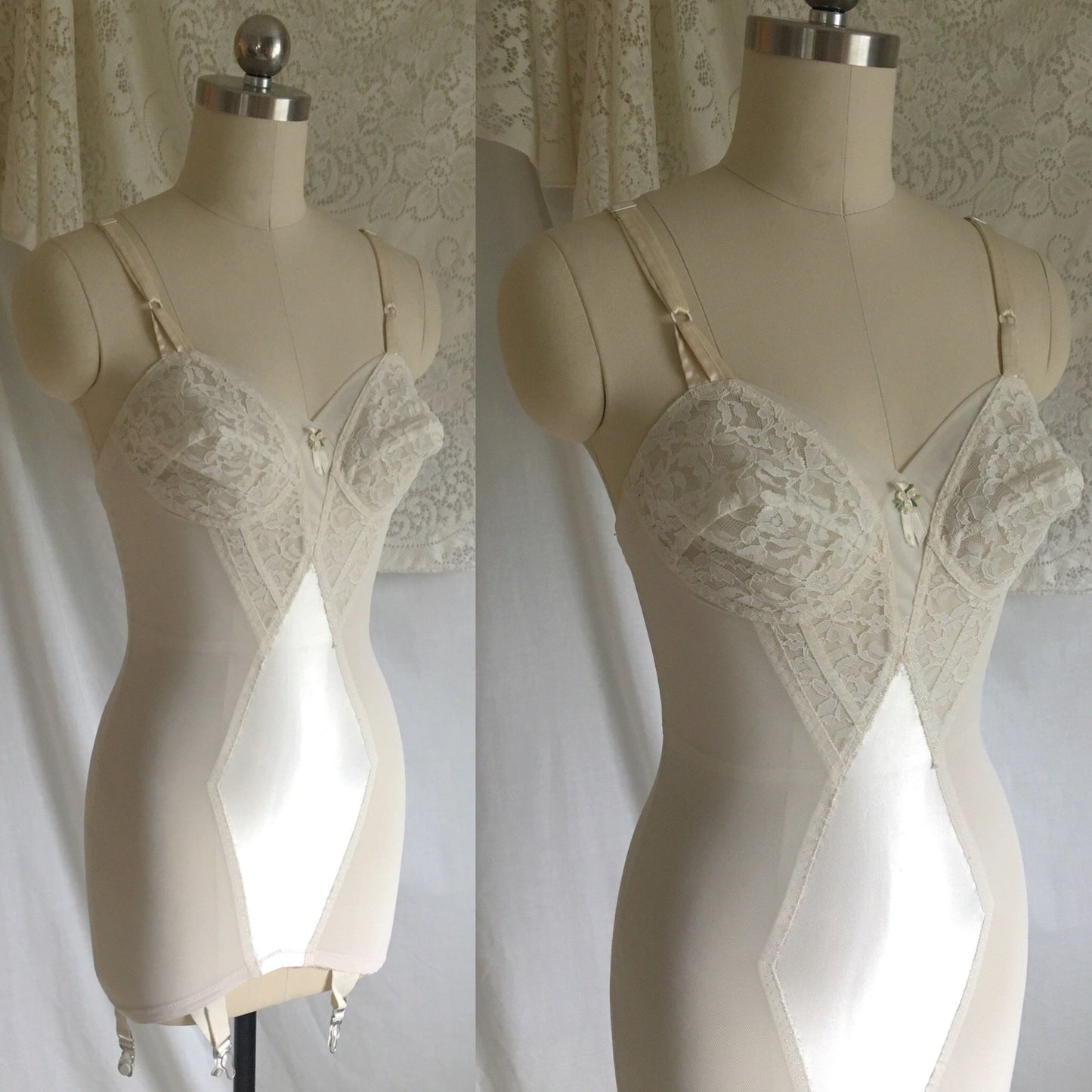 Vintage 1960's All in One Girdle | White Acetate Satin with Lace | Bien Jolie, Sheer Joy | Size XS, S, M - Daggers & Dames
