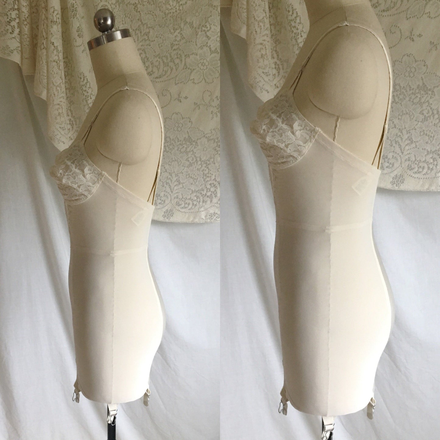 Vintage 1960's All in One Girdle | White Acetate Satin with Lace | Bien Jolie, Sheer Joy | Size XS, S, M - Daggers & Dames