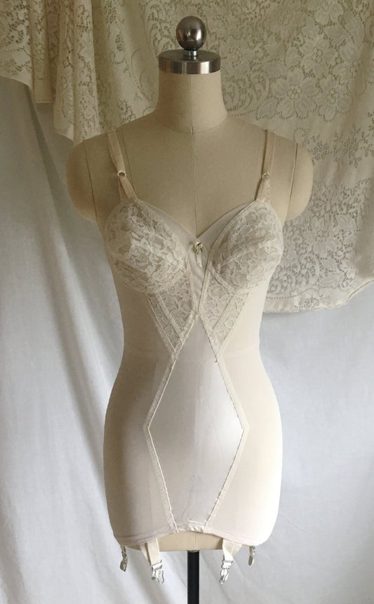 Vintage 1960's All in One Girdle | White Acetate Satin with Lace | Bien Jolie, Sheer Joy | Size XS, S, M - Daggers & Dames