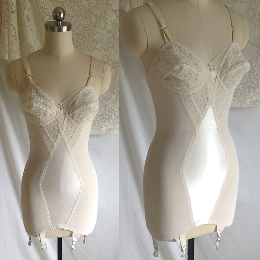 Vintage 1960's All in One Girdle | White Acetate Satin with Lace | Bien Jolie, Sheer Joy | Size XS, S, M - Daggers & Dames