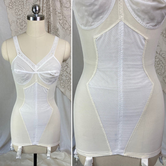 Vintage 1960's All in One Girdle | White Mesh with Crystal Pleated Chiffon Inlay & Bullet Cups | Size 34 B, 32 C, 36 A| Warner's - Daggers & Dames
