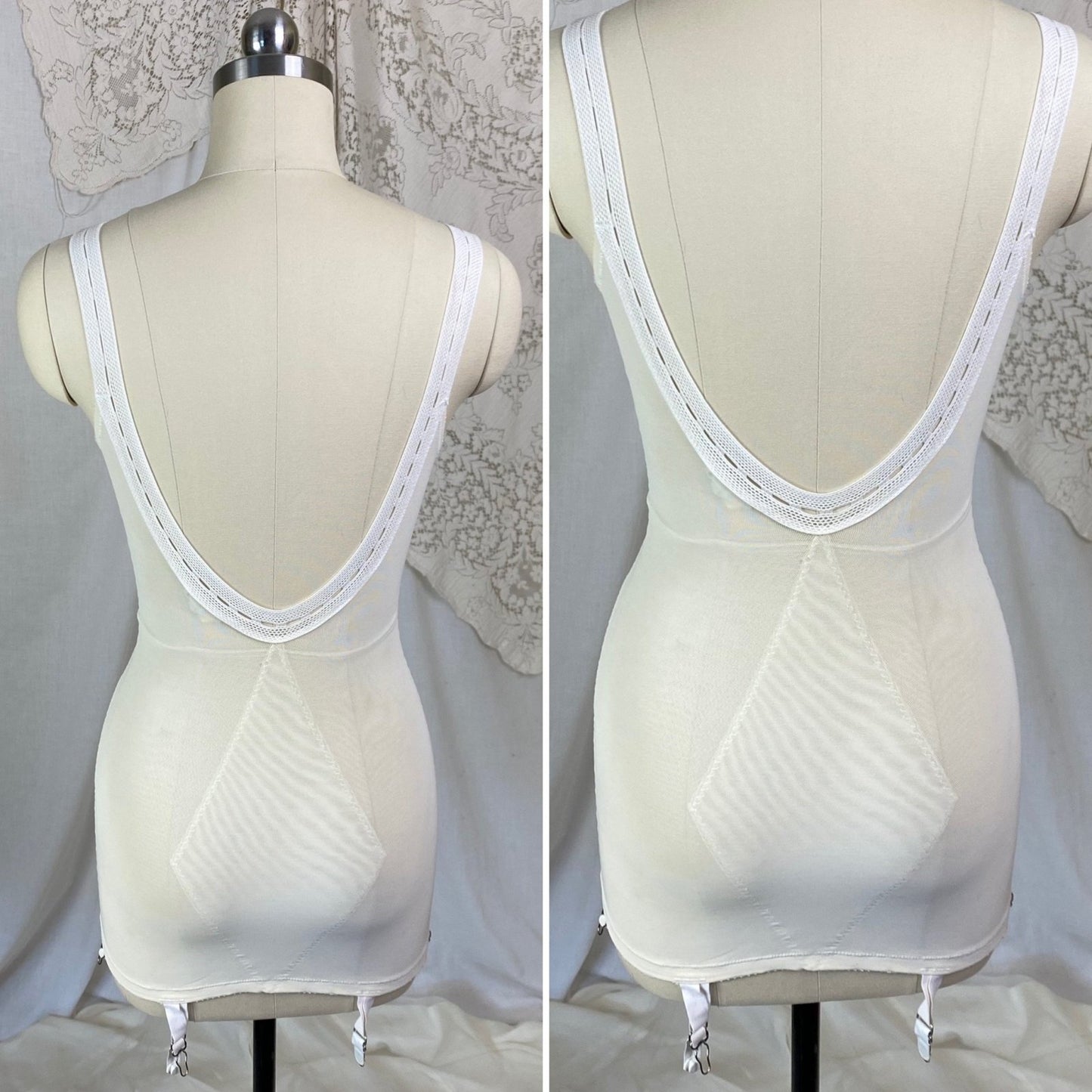 Vintage 1960's All in One Girdle | White Mesh with Crystal Pleated Chiffon Inlay & Bullet Cups | Size 34 B, 32 C, 36 A| Warner's - Daggers & Dames