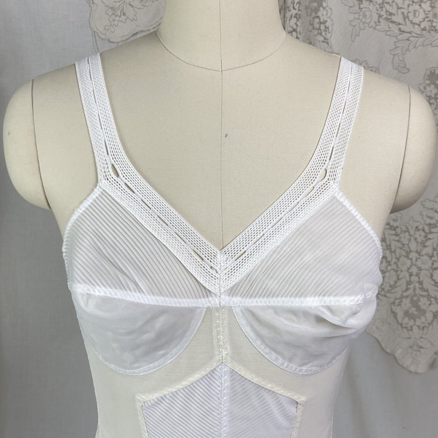 Vintage 1960's All in One Girdle | White Mesh with Crystal Pleated Chiffon Inlay & Bullet Cups | Size 34 B, 32 C, 36 A| Warner's - Daggers & Dames