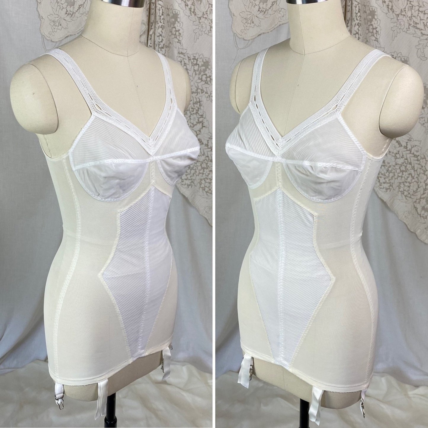 Vintage 1960's All in One Girdle | White Mesh with Crystal Pleated Chiffon Inlay & Bullet Cups | Size 34 B, 32 C, 36 A| Warner's - Daggers & Dames