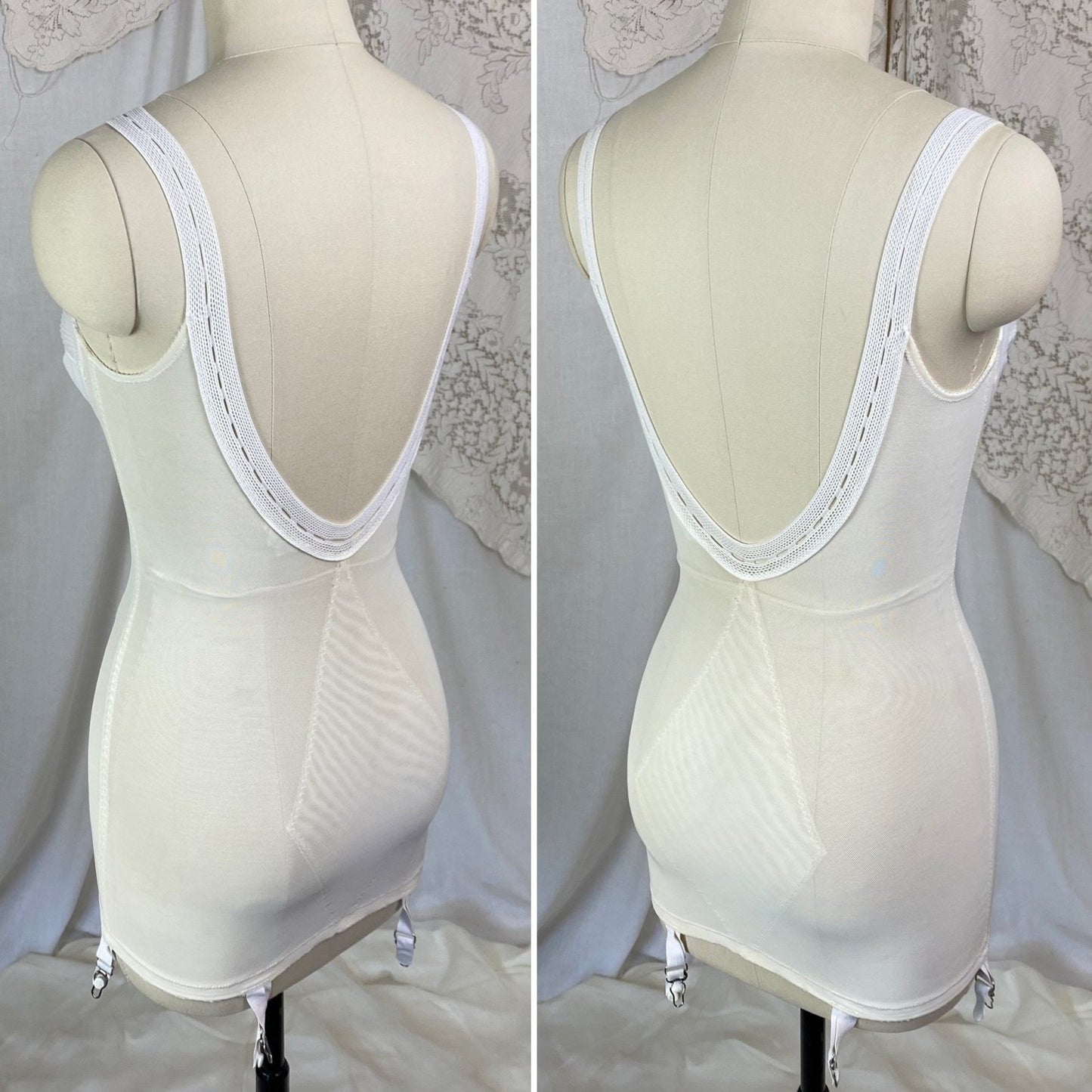 Vintage 1960's All in One Girdle | White Mesh with Crystal Pleated Chiffon Inlay & Bullet Cups | Size 34 B, 32 C, 36 A| Warner's - Daggers & Dames