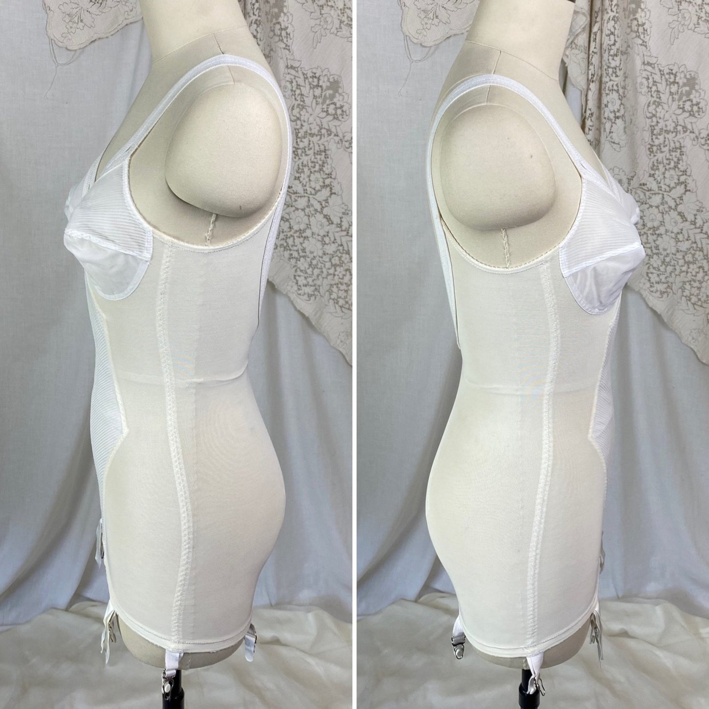 Vintage 1960's All in One Girdle | White Mesh with Crystal Pleated Chiffon Inlay & Bullet Cups | Size 34 B, 32 C, 36 A| Warner's - Daggers & Dames