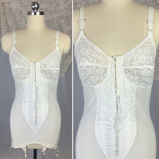 Vintage 1960's All in One Girdle | White Nylon Satin & Lace with Spandex Panels | Size 38 B, LG XL | Smoothie Controleur - Daggers & Dames