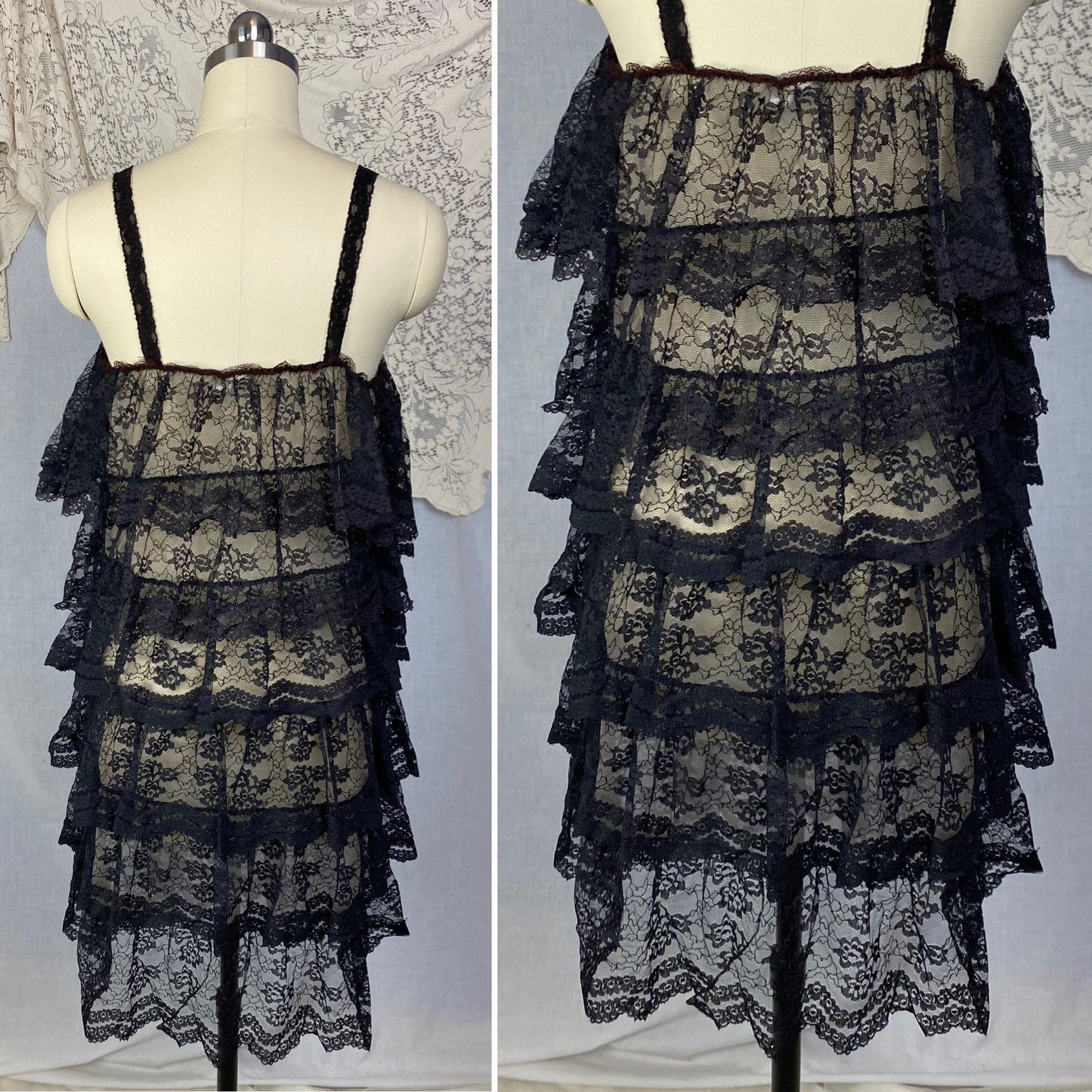 Vintage 1960's Babydoll Nightgown | Black Ruffled Lace Illusion over White Nylon | Size S, M, LG | Jeri Morton - Daggers & Dames