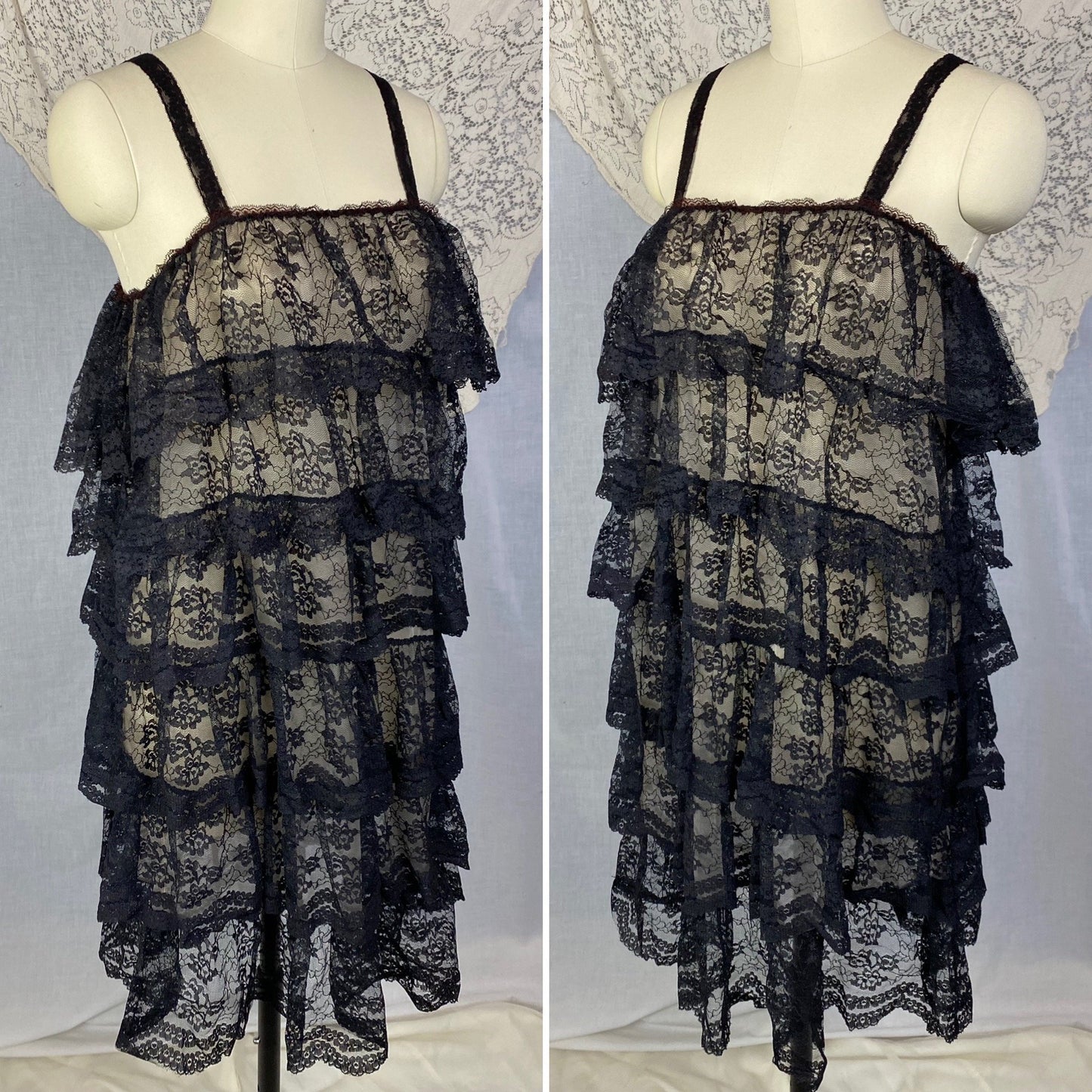 Vintage 1960's Babydoll Nightgown | Black Ruffled Lace Illusion over White Nylon | Size S, M, LG | Jeri Morton - Daggers & Dames