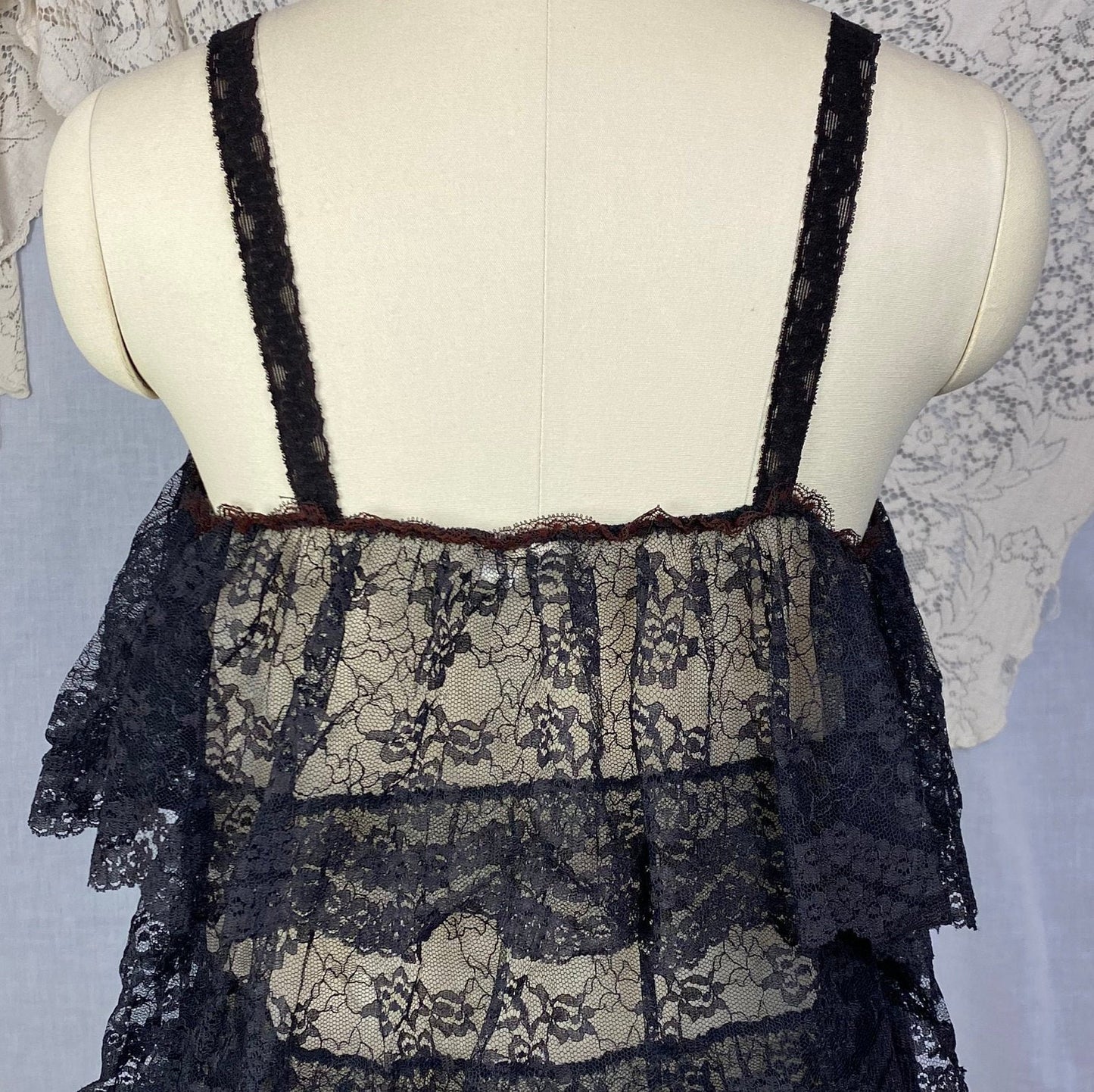 Vintage 1960's Babydoll Nightgown | Black Ruffled Lace Illusion over White Nylon | Size S, M, LG | Jeri Morton - Daggers & Dames