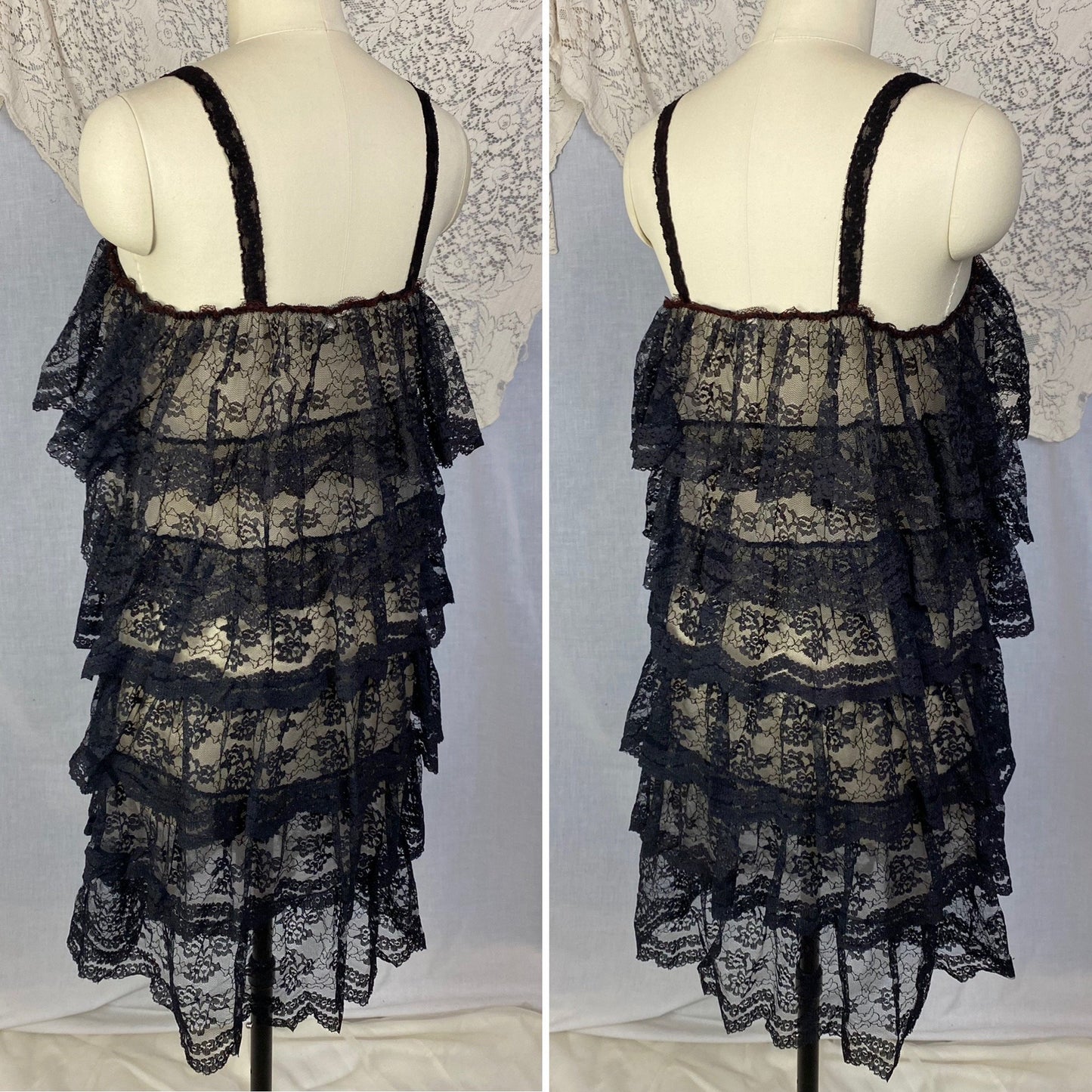 Vintage 1960's Babydoll Nightgown | Black Ruffled Lace Illusion over White Nylon | Size S, M, LG | Jeri Morton - Daggers & Dames