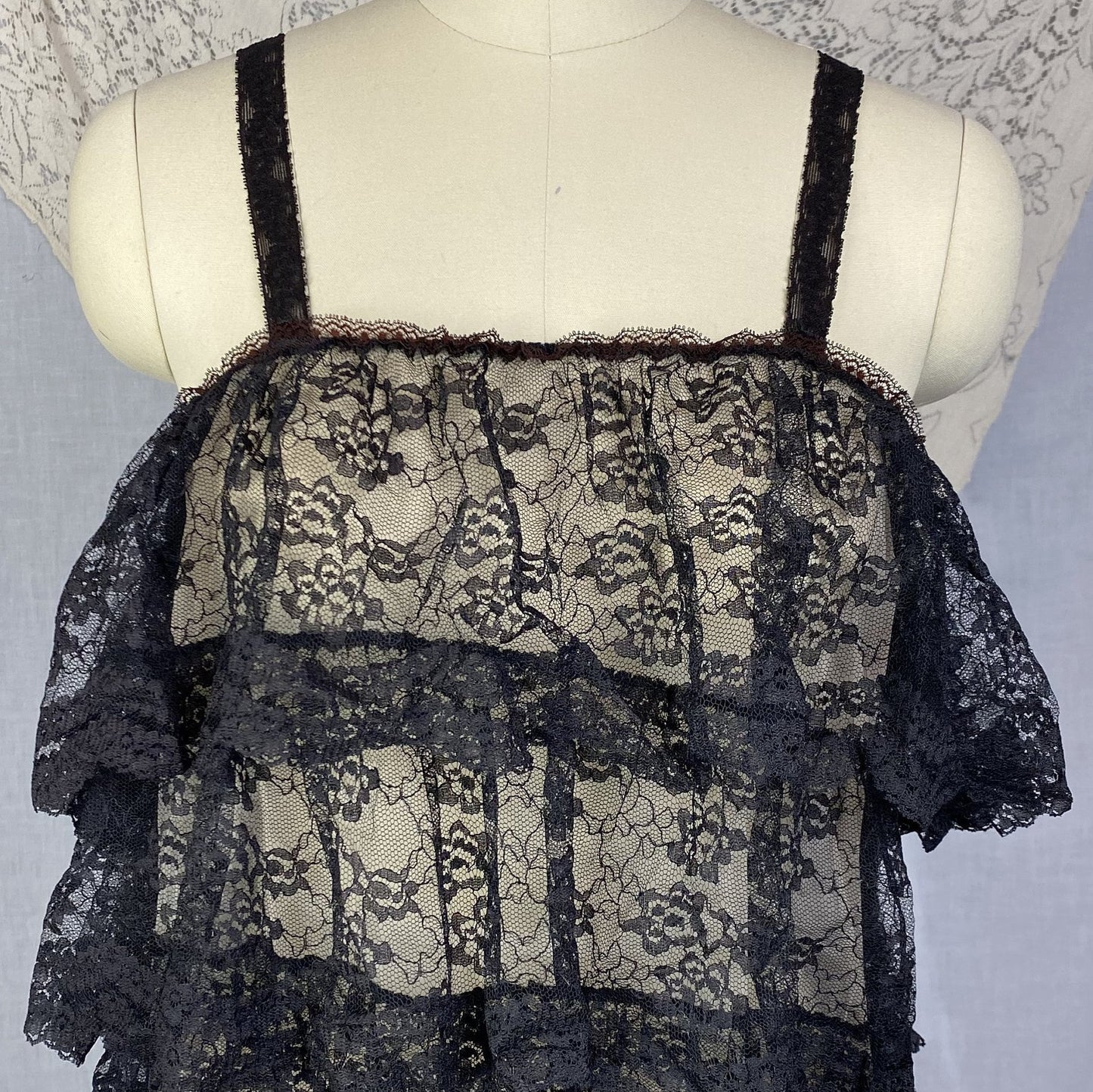 Vintage 1960's Babydoll Nightgown | Black Ruffled Lace Illusion over White Nylon | Size S, M, LG | Jeri Morton - Daggers & Dames