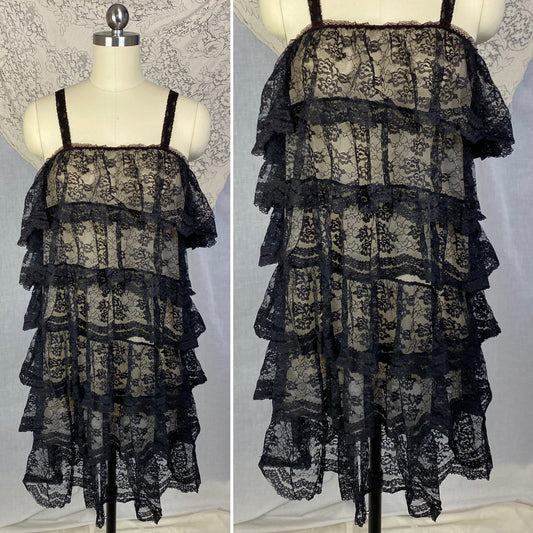 Vintage 1960's Babydoll Nightgown | Black Ruffled Lace Illusion over White Nylon | Size S, M, LG | Jeri Morton - Daggers & Dames