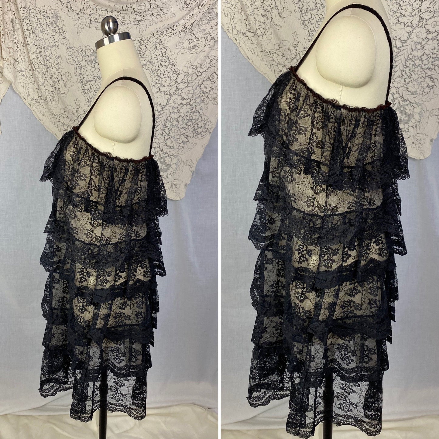 Vintage 1960's Babydoll Nightgown | Black Ruffled Lace Illusion over White Nylon | Size S, M, LG | Jeri Morton - Daggers & Dames